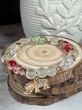 Gold Elephant Charm Beaded Bracelet - Multicolor Glass Beads